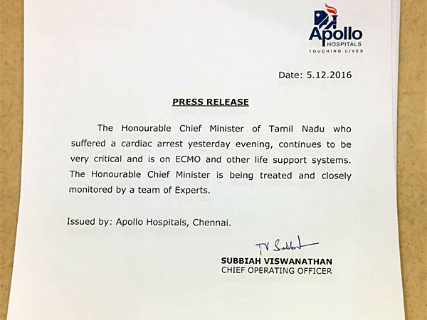 Jayalalithaa continues to be very critical, says Apollo Hospital Jayalalithaa continues to be very critical, says Apollo Hospital