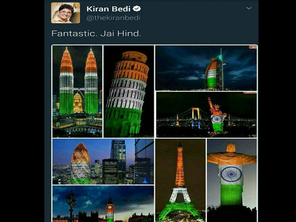 Kiran Bedi tweets fake picture of monuments lit up in tricolour, gets trolled on Twitter Kiran Bedi tweets fake picture of monuments lit up in tricolour, gets trolled on Twitter