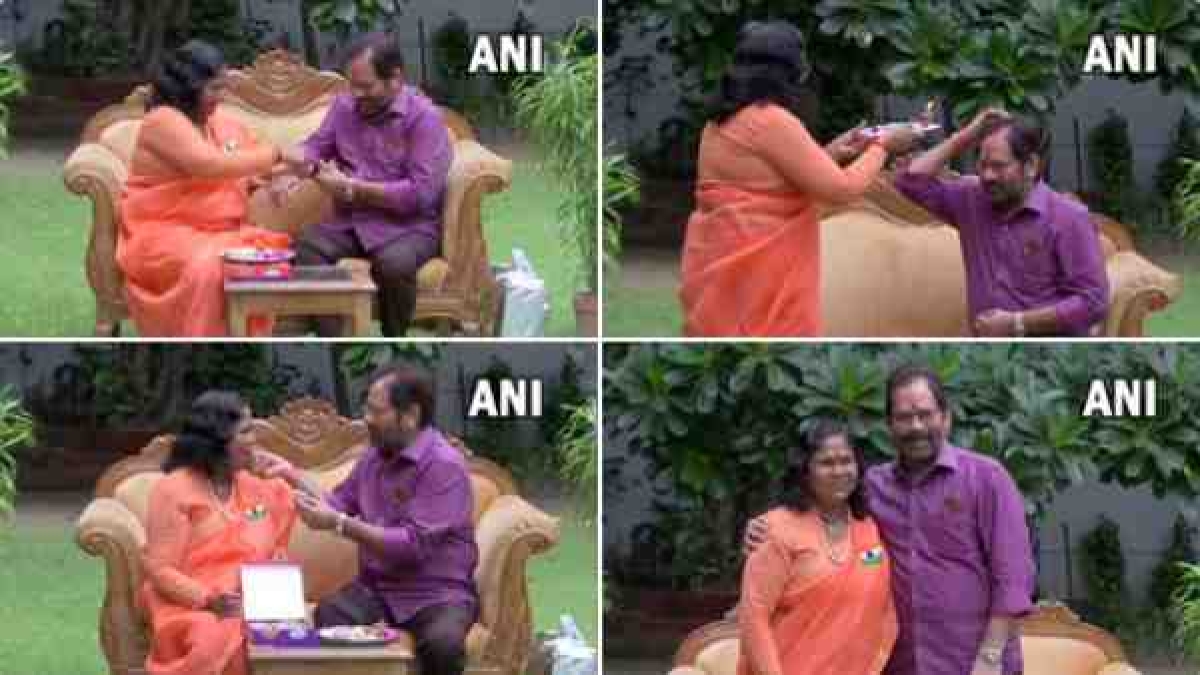 Delhi: Union Minister Sadhvi Niranjan Jyoti ties rakhi to BJP leader Mukhtar Abbas Naqvi Delhi: Union Minister Sadhvi Niranjan Jyoti ties rakhi to BJP leader Mukhtar Abbas Naqvi