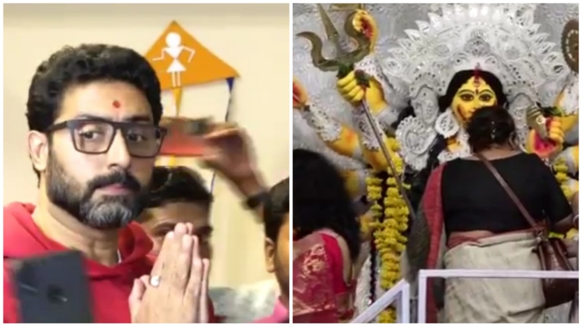 Actors Jaya & Abhishek Bachchan Bhopal on Dussehra, Bengali women vermilion Actors Jaya & Abhishek Bachchan Bhopal on Dussehra, Bengali women vermilion