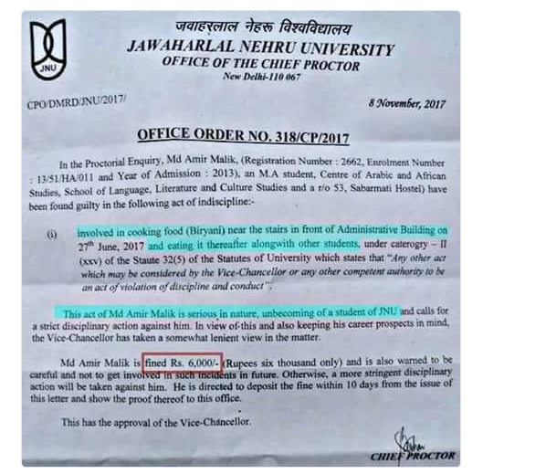 JNU students fined for cooking biryani student alleged back JNU students fined for cooking biryani student alleged back