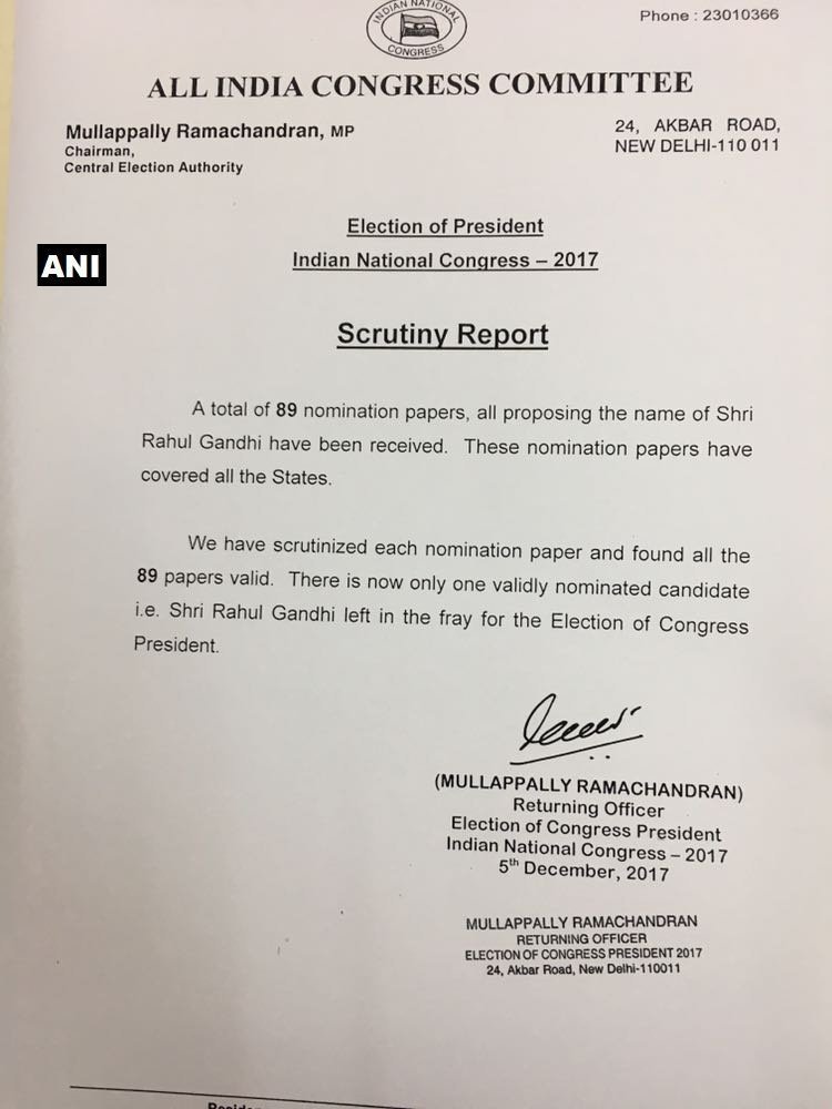 M Ramachandran, Returning officer says 1 validly nominated candidate RahulGandhi left for Congress president election M Ramachandran, Returning officer says 1 validly nominated candidate RahulGandhi left for Congress president election