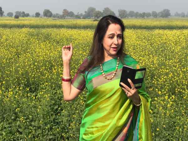 hema malini reached to Mustard farm and clicks selfie in mathura hema malini reached to Mustard farm and clicks selfie in mathura