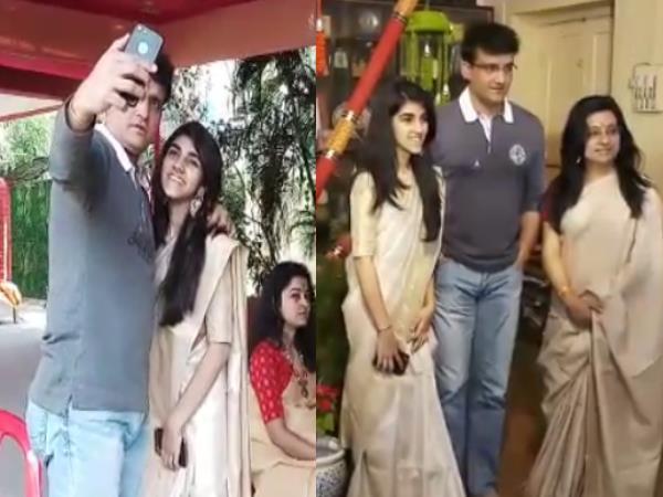 Sourav Ganguly adores maa saraswati with his wife dona and daughter sana Sourav Ganguly adores maa saraswati with his wife dona and daughter sana