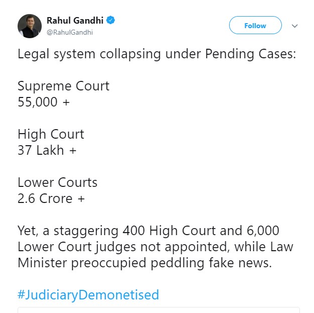 कांग्रेस अध्यक्ष राहुल गांधी ने रविशंकर प्रसाद पर किया बड़ा हमला, कहा- न्यायिक व्यवस्था ढह रही है, कानून मंत्री झूठ फैलाने में व्यस्त कांग्रेस अध्यक्ष राहुल गांधी ने रविशंकर प्रसाद पर किया बड़ा हमला, कहा- न्यायिक व्यवस्था ढह रही है, कानून मंत्री झूठ फैलाने में व्यस्त