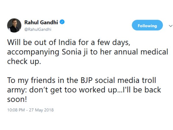 विदेश टूर पर राहुल बोले- जल्द वापस लौटूंगा, BJP का पलटवार विदेश टूर पर राहुल बोले- जल्द वापस लौटूंगा, BJP का पलटवार