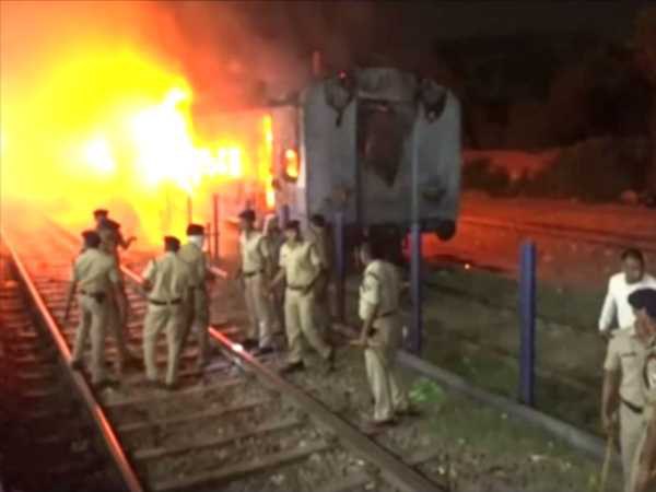 A fire broke out inside a coach of a train at Agra Cant railway station A fire broke out inside a coach of a train at Agra Cant railway station