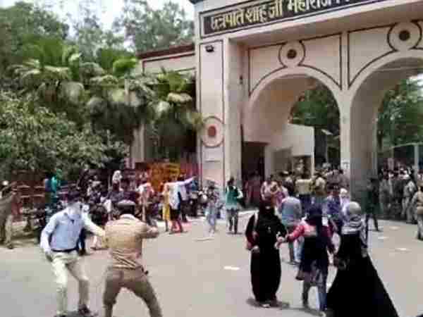 students from Kanpur University protesting outside college campus students from Kanpur University protesting outside college campus
