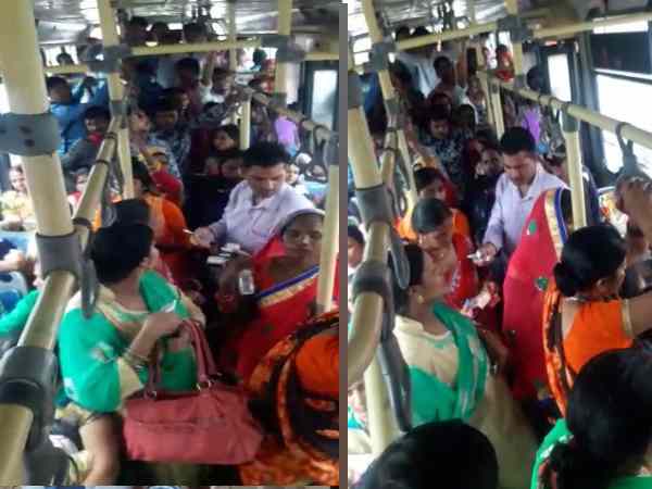 Bus conductor taking fare charge from women on rakshabandhan day Bus conductor taking fare charge from women on rakshabandhan day