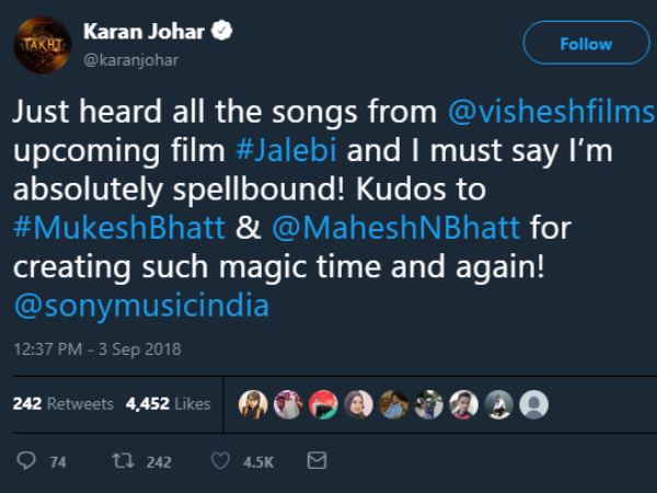 करण जौहर ने की फिल्म के गानों की तारीफ