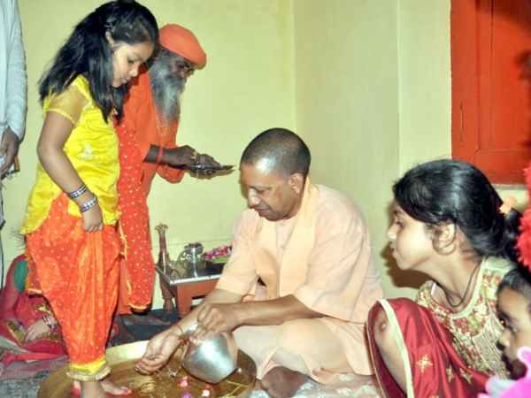 UP CM Yogi Adityanath preformed Kanya puja at Gorakhnath Math UP CM Yogi Adityanath preformed Kanya puja at Gorakhnath Math