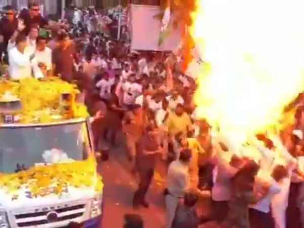 A fire in the balloons during the road show of Congress president Rahul Gandhi in Jabalpur A fire in the balloons during the road show of Congress president Rahul Gandhi in Jabalpur