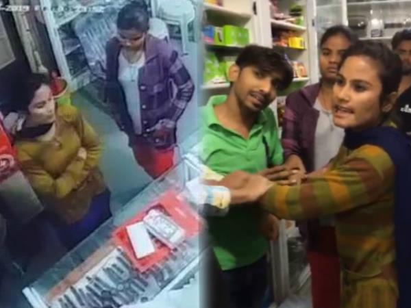 Jhabua lady constable angry on mobile shopkeeper See CCTV footage Jhabua lady constable angry on mobile shopkeeper See CCTV footage