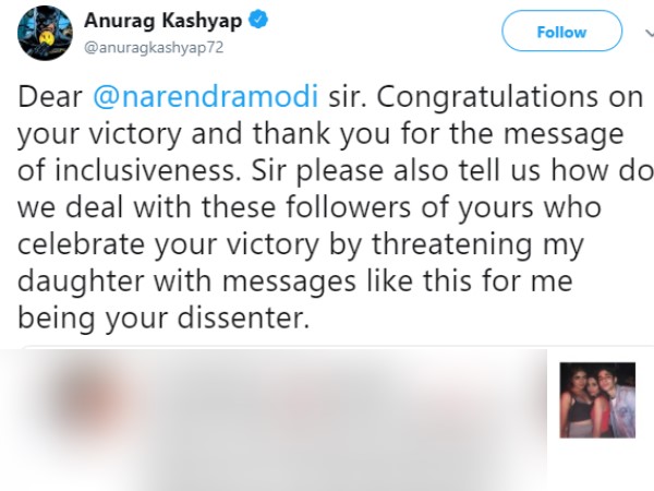 Anurag Kashyap asks PM Modis help as daughter gets rape threats Anurag Kashyap asks PM Modis help as daughter gets rape threats