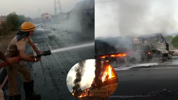 Fire in chemical tanker at jaipur Driver burnt Alive Fire in chemical tanker at jaipur Driver burnt Alive