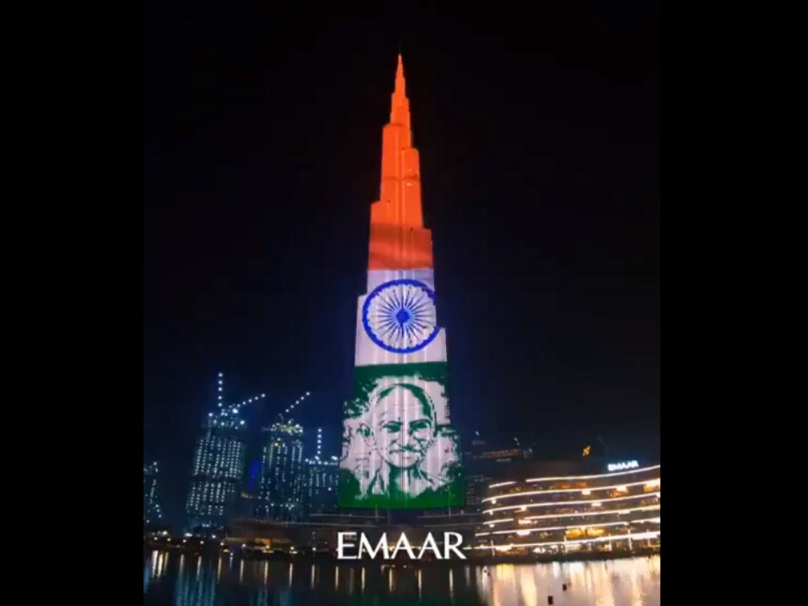 Dubais Burj Khalifa lit up with Mahatma Gandhis image on the occasion of his birth anniversary. Dubais Burj Khalifa lit up with Mahatma Gandhis image on the occasion of his birth anniversary.