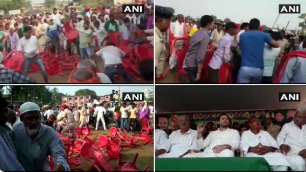 scuffle broke out between RJD workers at an election rally of Tejashwi Yadav in Simri Bakhtiyarpur scuffle broke out between RJD workers at an election rally of Tejashwi Yadav in Simri Bakhtiyarpur