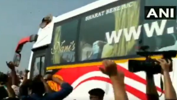 slipper was hurled at the bus carrying TDP chief N Chandrababu Naidu in Andhra Pradesh slipper was hurled at the bus carrying TDP chief N Chandrababu Naidu in Andhra Pradesh
