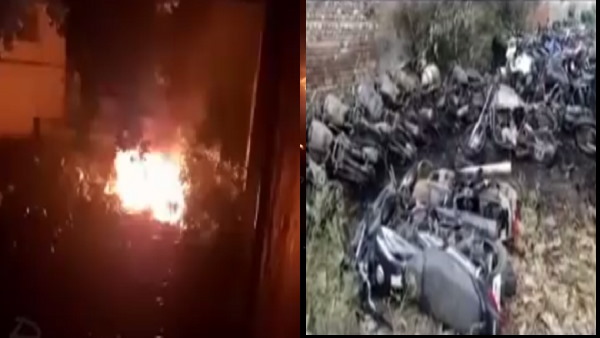 ganaur police station fire incident today, 17 bike burnt ganaur police station fire incident today, 17 bike burnt