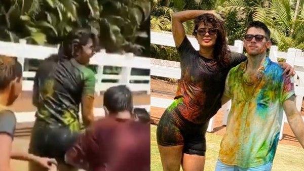 बच्चों ने प्रियंका-निक पर बाल्टी भर-भरके फेंका रंग
