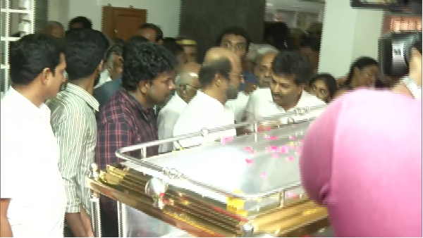 Superstar Rajinikanth paid tribute to DMK General Secretary K Anbazhagan Superstar Rajinikanth paid tribute to DMK General Secretary K Anbazhagan