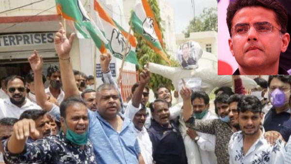 इधर, कोटा में पायलट के खिलाफ प्रदर्शन