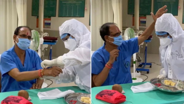 nurse Saroj ties rakhi to Madhya Pradesh cm Shivraj Singh Chouhan at hospital in Bhopal nurse Saroj ties rakhi to Madhya Pradesh cm Shivraj Singh Chouhan at hospital in Bhopal