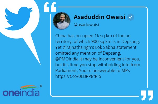 Asaduddin Owaisi says China occupied 1k sq km of Indian territory of which 900 sq km is in Depsang Asaduddin Owaisi says China occupied 1k sq km of Indian territory of which 900 sq km is in Depsang