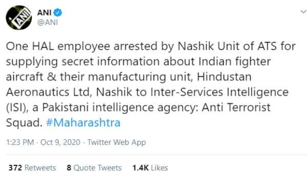 ATS nabbed HAL employee, was sending secret information related to Indian fighters aircraft to ISI ATS nabbed HAL employee, was sending secret information related to Indian fighters aircraft to ISI