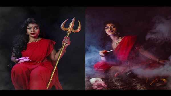 महिला का शंख, कमल और त्रिशूल जमीन पर पड़े हैं और महिला की गोद में पड़ी है फोटो