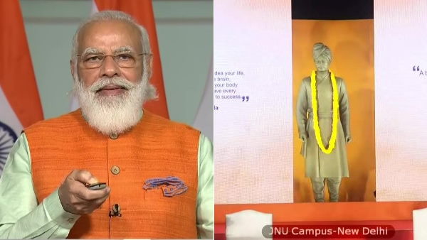 PM Narendra Modi unveils statue of Swami Vivekananda at JNU campus via video conferencing PM Narendra Modi unveils statue of Swami Vivekananda at JNU campus via video conferencing