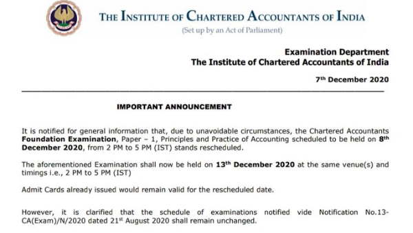 ICAI CA foundation Paper 1 Exam to be held on 8th Dec postponed to Dec 13 ICAI CA foundation Paper 1 Exam to be held on 8th Dec postponed to Dec 13