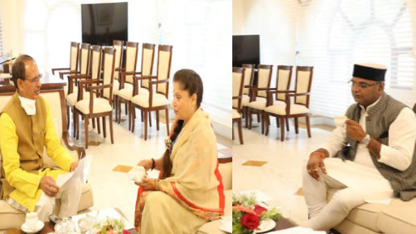 Madhya Pradesh CM Shivraj Singh Chauhan discusses with ministers Vishwas Sarang and Yashodhara Madhya Pradesh CM Shivraj Singh Chauhan discusses with ministers Vishwas Sarang and Yashodhara