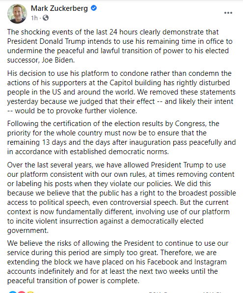 Facebook banned President Donald Trump from the platform indefinitely Facebook banned President Donald Trump from the platform indefinitely