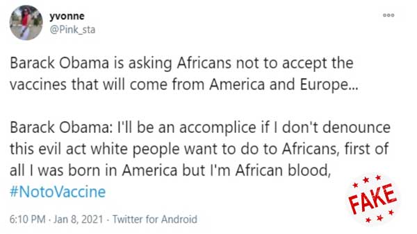 barack Obama not urge Africans not to take COVID 19 vaccine from US fake msg viral barack Obama not urge Africans not to take COVID 19 vaccine from US fake msg viral