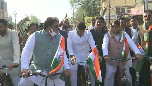 Congress MLAs ride bicycle to Legislative Assembly, in protest against the rising fuel prices Congress MLAs ride bicycle to Legislative Assembly, in protest against the rising fuel prices
