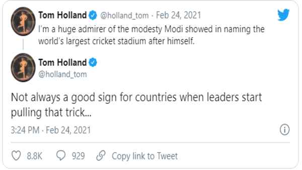 Narendra Modi stadium:Tom Holland an English historian and cricketer made a satire on Twitter, raising fears of Spider-Mans boycott Narendra Modi stadium:Tom Holland an English historian and cricketer made a satire on Twitter, raising fears of Spider-Mans boycott
