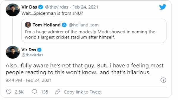 Narendra Modi stadium:Tom Holland an English historian and cricketer made a satire on Twitter, raising fears of Spider-Mans boycott Narendra Modi stadium:Tom Holland an English historian and cricketer made a satire on Twitter, raising fears of Spider-Mans boycott