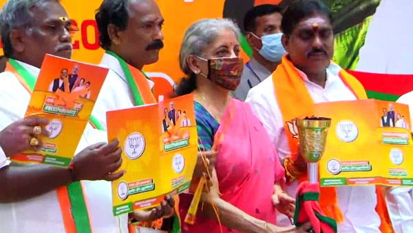 Finance Minister Nirmala Sitharaman release BJP manifesto for upcoming Puducherry assembly elections 2021 Finance Minister Nirmala Sitharaman release BJP manifesto for upcoming Puducherry assembly elections 2021