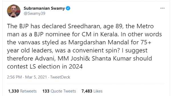 Subramanian Swamy raging on BJPs signs of making Metro man E Sreedharan as CM candidate in Kerala,demand to contest Advani-Joshi also next Subramanian Swamy raging on BJPs signs of making Metro man E Sreedharan as CM candidate in Kerala,demand to contest Advani-Joshi also next