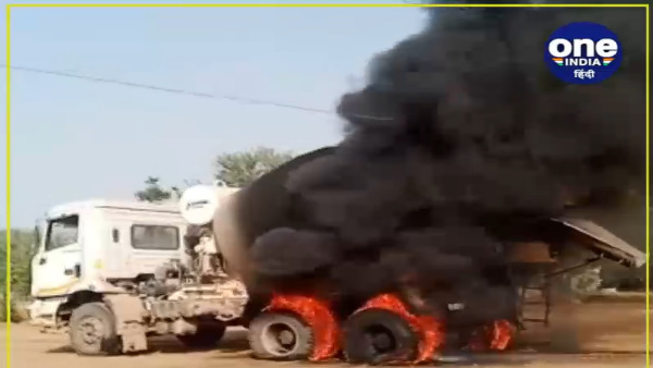 Delhi Mumbai highway construction trailer caught fire in Dausa, Rajasthan, video goes viral Delhi Mumbai highway construction trailer caught fire in Dausa, Rajasthan, video goes viral