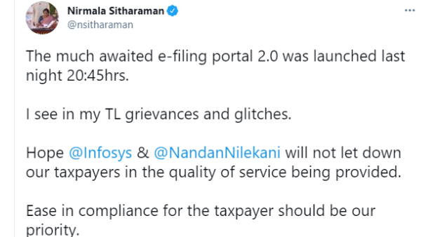 Finance Minister Nirmala Sitharaman asks Infosys to fix glitches in new income tax efiling portal tagged Nandan Nilekani in tweet Finance Minister Nirmala Sitharaman asks Infosys to fix glitches in new income tax efiling portal tagged Nandan Nilekani in tweet