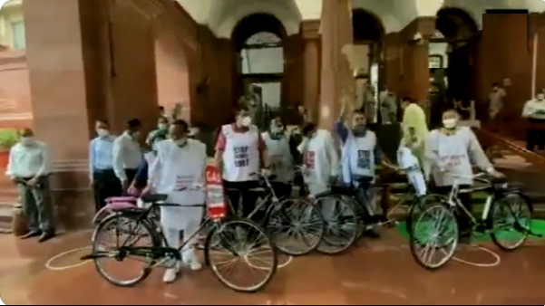 Trinamool Congress (TMC) MPs protest against the rise in prices of petrol, diesel and LPG Trinamool Congress (TMC) MPs protest against the rise in prices of petrol, diesel and LPG