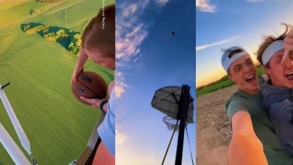 Watch Video: Teenager throws basketball from 1000 ft high plane into a moving hoop. Watch Video: Teenager throws basketball from 1000 ft high plane into a moving hoop.