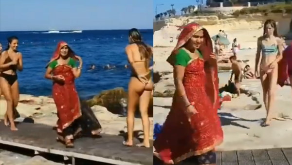 Indian Woman Arrived Wearing A Sari On Sea Beach Indian Woman Arrived Wearing A Sari On Sea Beach