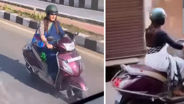 ब्लू साड़ी में स्मार्ट रोड पर स्कूटी चलाते हुए दिखी रवीना